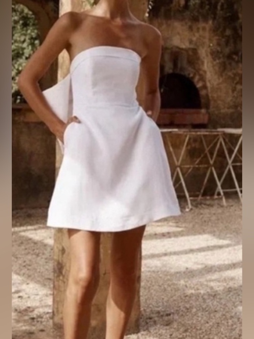 DISSH White Strapless Linen Mini Dress with Bow Detail